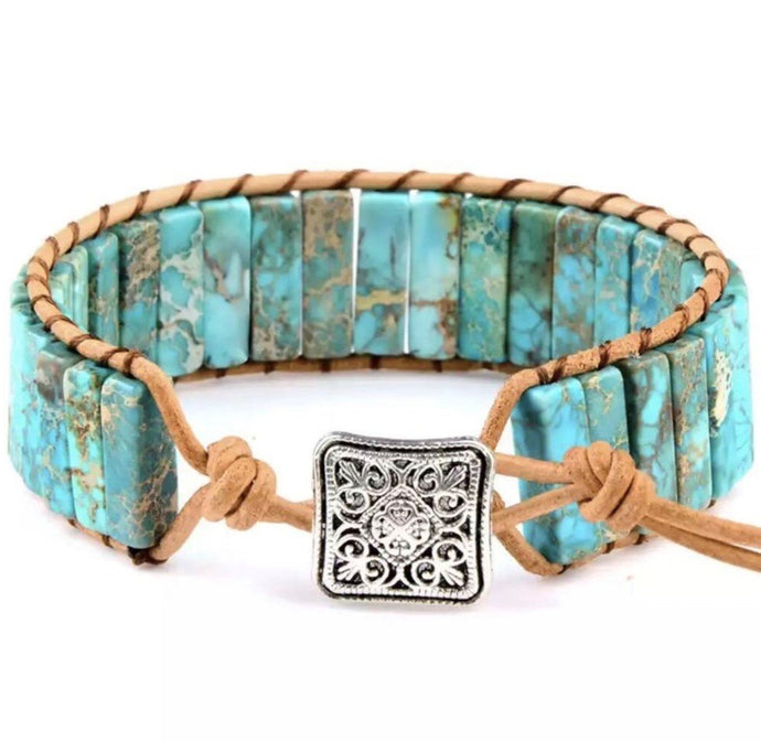 HARMONIE COLLECTIONS Aqua Emperor Jasper Gemstone & Leather Bracelet