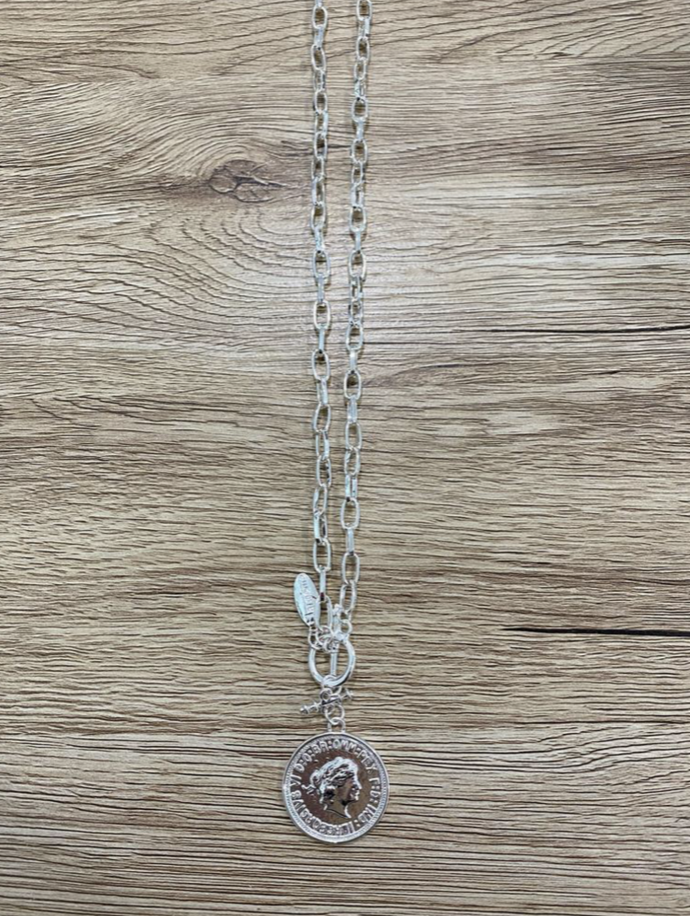 HARMONIE COLLECTIONS Silver Fob Chain Necklace with Single Coin
