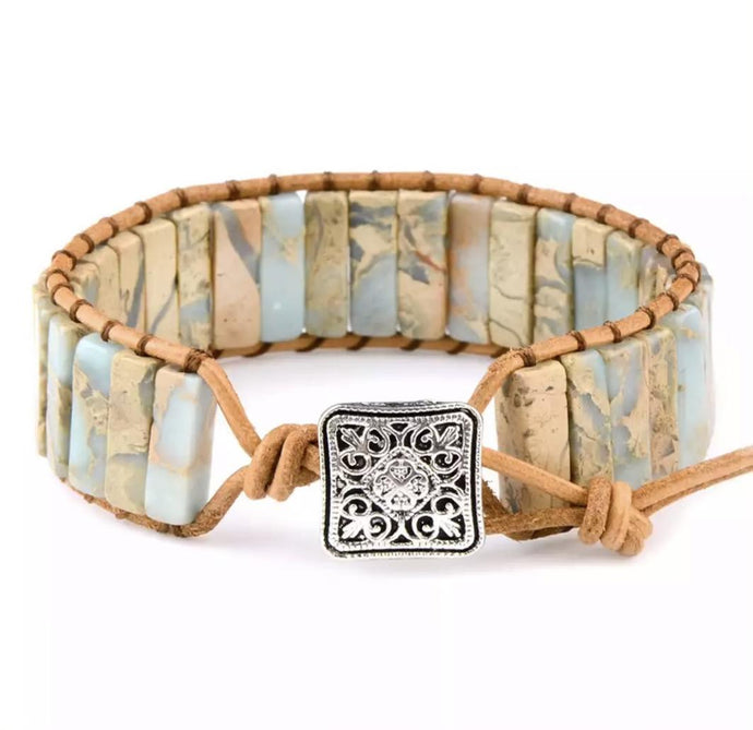 HARMONIE COLLECTIONS Blue Impression Jasper Gemstone and Leather Bracelet