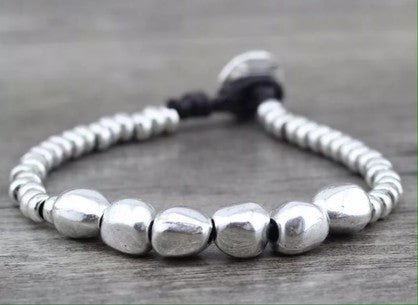 HARMONIE COLLECTIONS Leatherette Bracelet with Silver Small to Large Beads