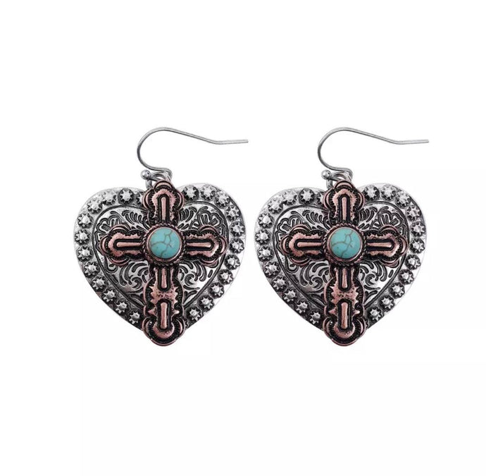 HARMONIE COLLECTIONS Silver Heart and Rose Gold Cross Earrings with Turquoise Stone