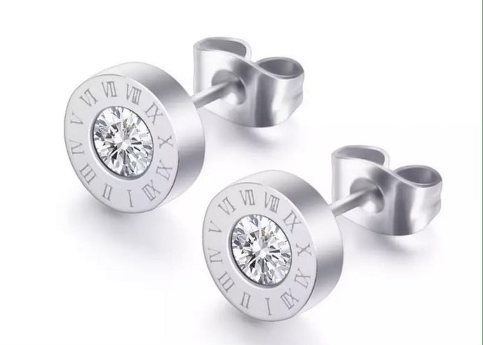 HARMONIE COLLECTIONS Silver Diamond Stud Earrings with Roman Numerals