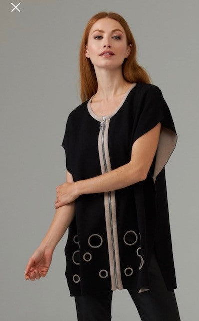 JOSEPH RIBKOFF Sleeveless Front Zip Knit Tunic - Black/Taupe