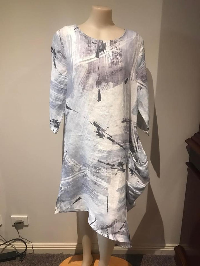 EVER SASSY Linen Dress - White/Pastel Blue/Grey